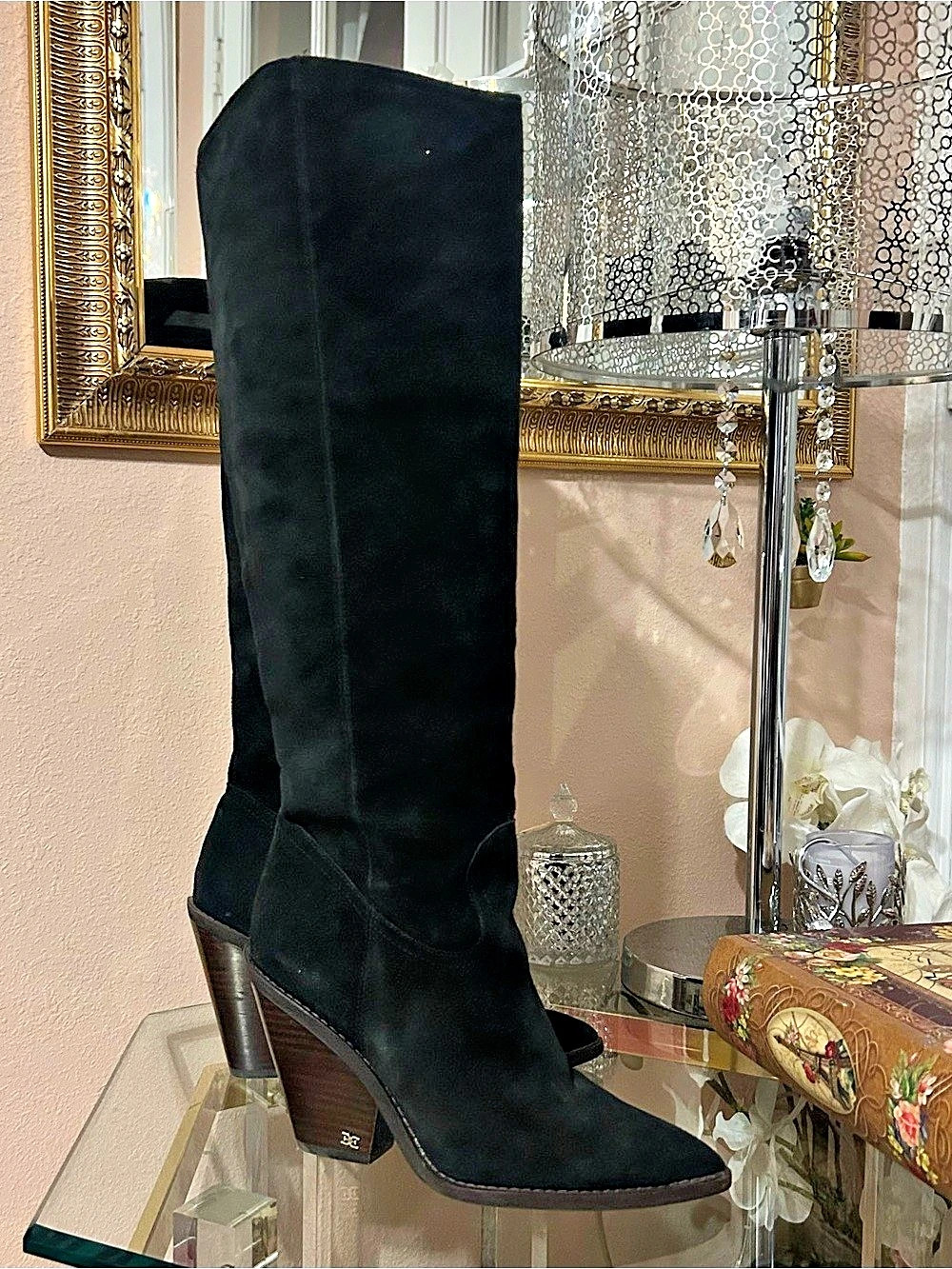 Sam Edelman Black Suede Heeled Western Boots Size 7.5